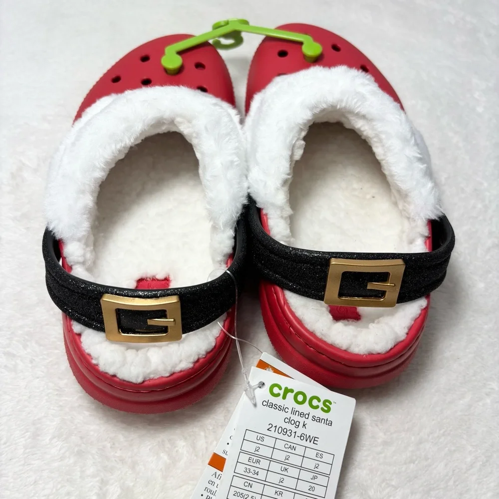 CROCS Classic Lined Santa Christmas‎ Red Clogs White Lining and Black Strap J2